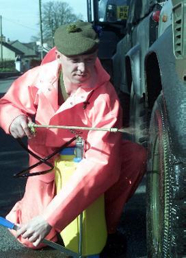 Land Rovers being disinfected